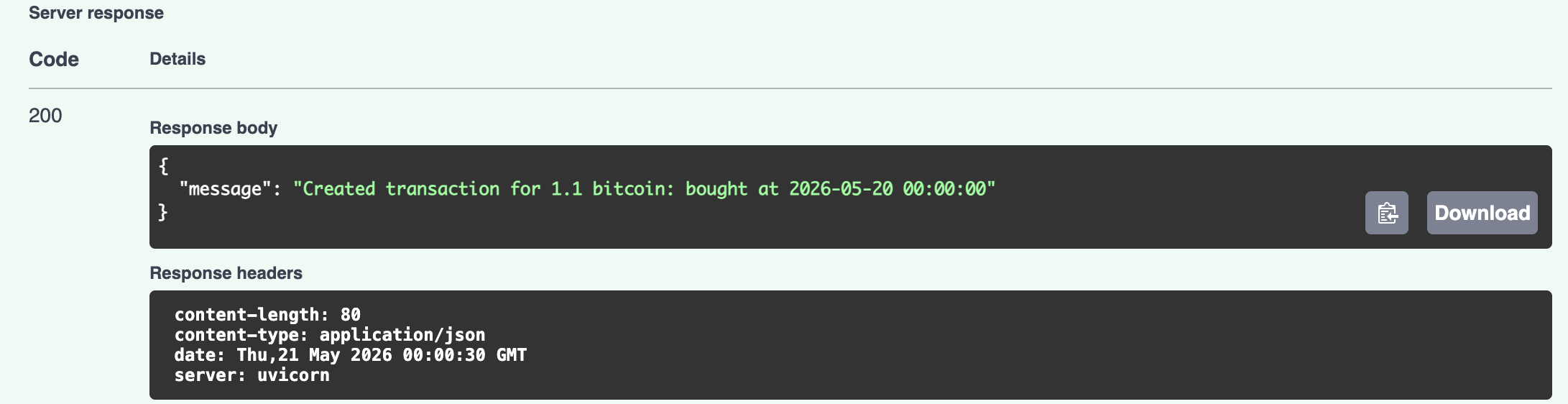Response from the FastAPI docs