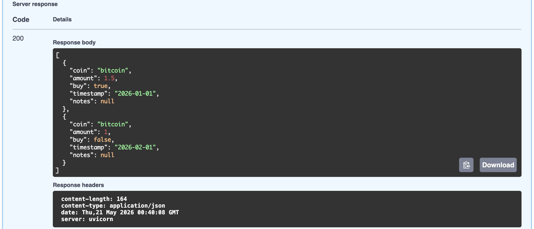 Response from the transaction history endpoint in the FastAPI docs